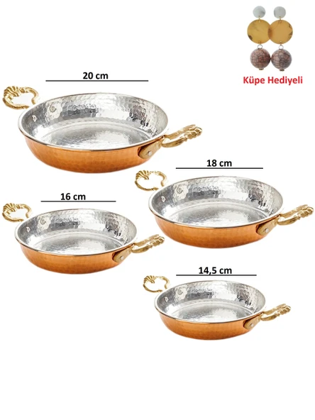 Bakır Dövme 4 lü Tava Seti Küpe Hediyeli
