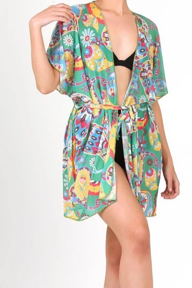Pareo Plaj Elbisesi Kimono Std Şal Desen Yesil