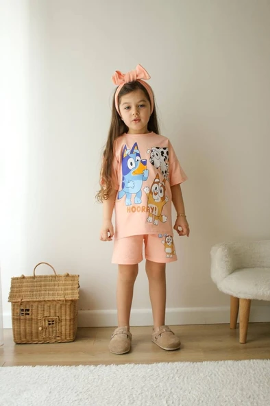 KIZ ÇOCUK BLUEY MODELLİ PAMUK ŞORTLU TAKIM - 4