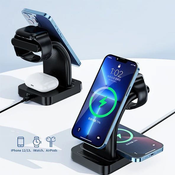 AuraCharge Station: 4 ü 1 Arada 15w Kablosuz Şarj