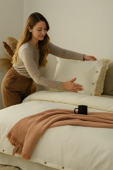 Boho | Keten Görünümlü Düğme Detaylı %100 Pamuk Çift Kişilik Nevresim Takımı - Bohockdy11 EKRU - 8