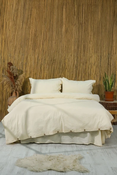 Boho | Keten Görünümlü Düğme Detaylı %100 Pamuk Çift Kişilik Nevresim Takımı - Bohockdy11 EKRU