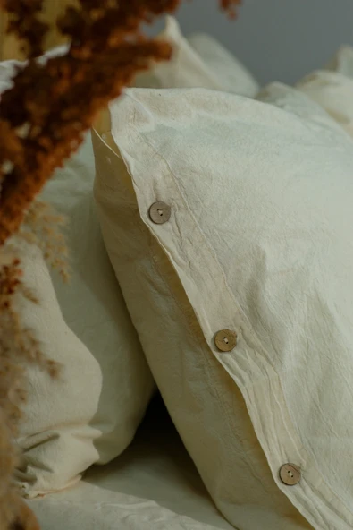 Boho | Keten Görünümlü Düğme Detaylı %100 Pamuk Çift Kişilik Nevresim Takımı - Bohockdy11 EKRU - 5