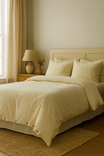 Boho | Keten Görünümlü Düğme Detaylı %100 Pamuk Çift Kişilik Nevresim Takımı - Bohockdy11 EKRU - 2