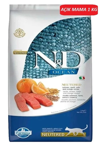 N&D Ocean Somonlu ve Portakallı Düşük Tahıllı Kısırlaştırılmış Kedi Maması 1 KG