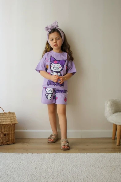 KIZ ÇOCUK KUROMİ MODELLİ BİSİKLET YAKA PAMUK ŞORTLU TAKIM - Resim 3