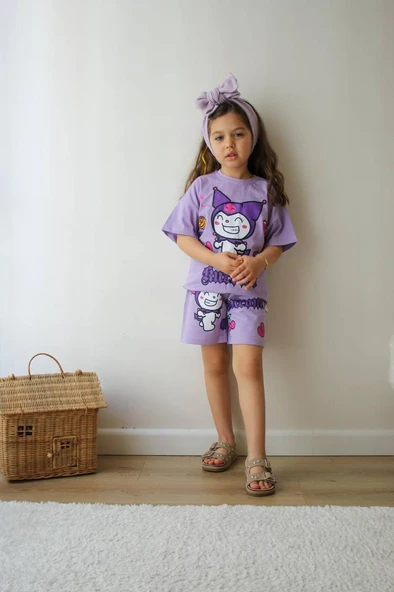 KIZ ÇOCUK KUROMİ MODELLİ BİSİKLET YAKA PAMUK ŞORTLU TAKIM - Resim 2