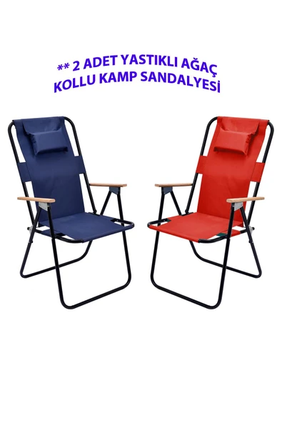 Exent 2' li Yastıklı yüksek sırtlı katlanır büyük boy kamp piknik sandalyesi, ağaç kollu-LACİVERT VE KIRMIZI