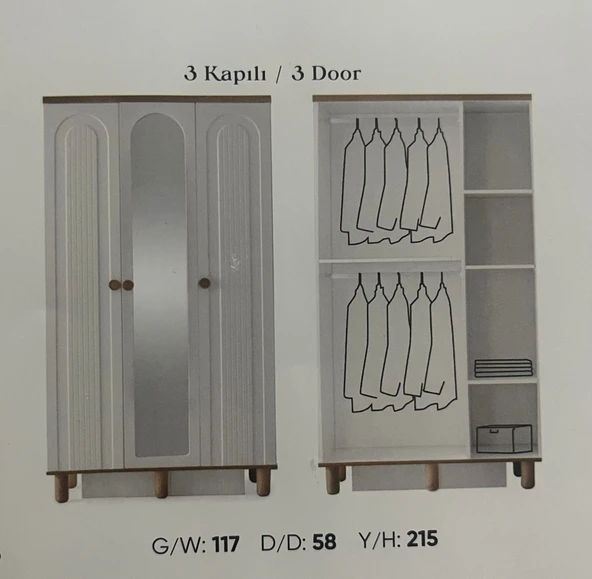YAKUT MDF 3 KAPILI DOLAP