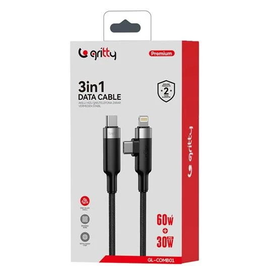 Gritty 60W+30W PD 3in1 Type-C to Type+Lightning 1m Şarj Kablosu Siyah (GL-COMB01) - 2