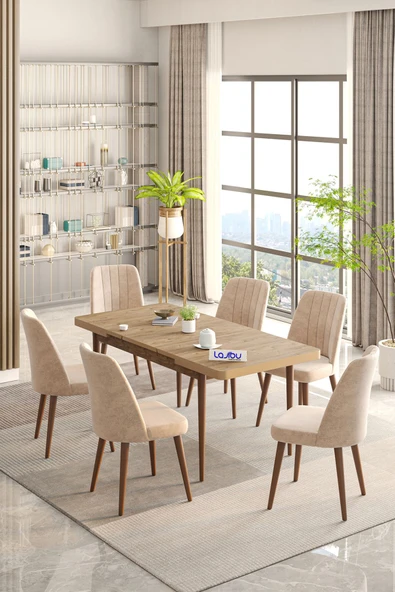 Lajibu Rex Serisi Çam 80x130 Açılır Yemek Masası , Yemek Masa Takımı  Metal Ayaklı 6 Cappucino Sandalye