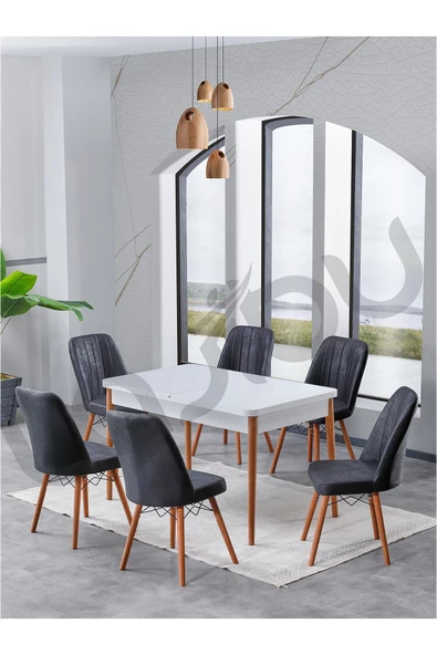 Lajibu Lajgo Serisi , 80x130 Açılabilir Beyaz Mutfak Masası 6 Siyah Sandalye Nubuk Kumaş - 1