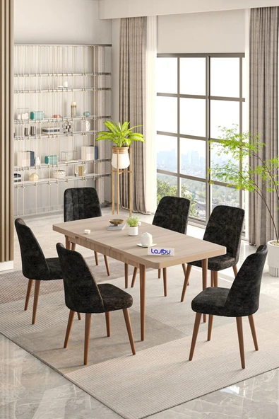 Lajibu Rex Serisi Sonomo 80x130 Açılır Yemek Masası , Yemek Masa Takımı Metal Ayaklı 6 Cappucino Sandalye