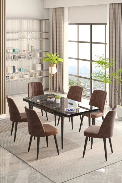 Lajibu Rex Serisi Siyah 80x130 Açılır Yemek Masası , Yemek Masa Takımı Metal Ayaklı 6 Kahve Sandalye