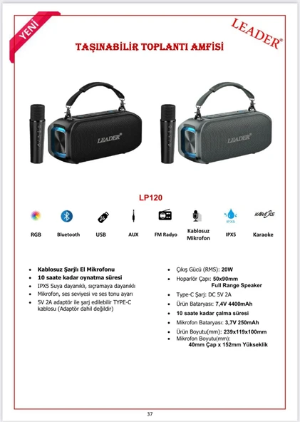 LEADER LP120 IPX5 RGB Bluetooth USB AUX FM Radyo Kablosuz Mikrofon TAŞINABİLİR TOPLANTI AMFİSİ - 2
