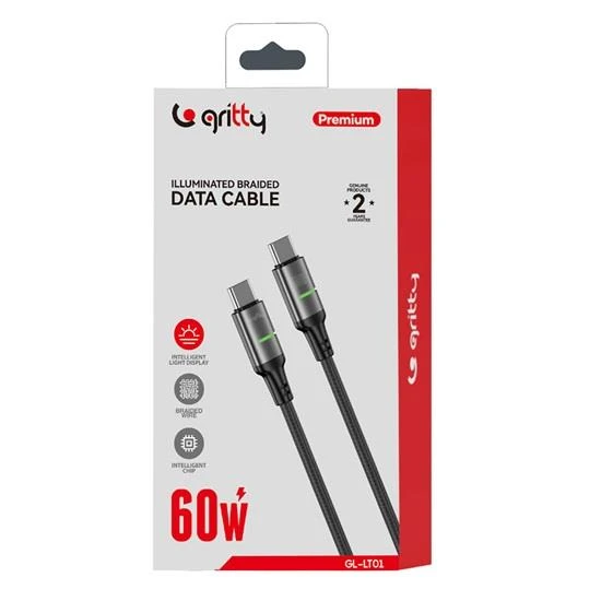 Gritty 60W Type-C to Type-C Akıllı Işık Göstergeli Şarj Kablosu 1 m Siyah (GL-LT01) - 2
