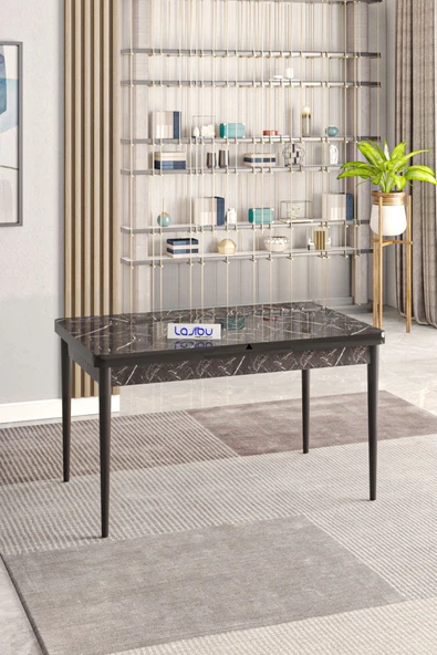 Lajibu Rex Serisi Siyah 80x130 Açılır Yemek Masası , Yemek Masa Takımı Metal Ayaklı 6 Krem Sandalye - 4