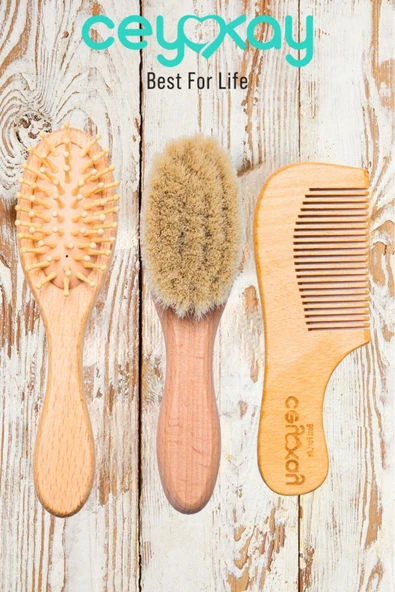 cey kay Ceykay Doğal Keçi Kılı Masaj Fırçası , Bambu Uçlu Fırça Ve Ahşap Tarağı (3 LÜ SET) - 2