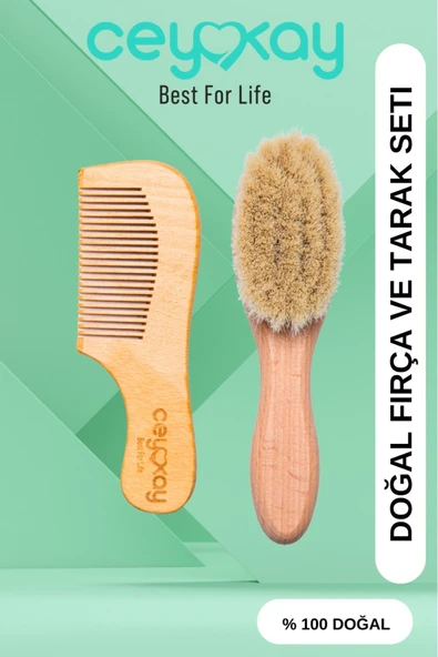 cey kay Ceykay Doğal Keçi Kılı Bebek Masaj Fırçası Ve Ahşap Tarak (2LİSET)