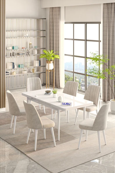 Lajibu Rex Serisi Beyaz 80x130 Açılır Yemek Masası , Yemek Masa Takımı  Metal Ayaklı 6 Krem Sandalye