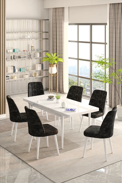 Lajibu Rex Serisi Beyaz 80x130 Açılır Yemek Masası , Yemek Masa Takımı  Metal Ayaklı 6 Siyah Sandalye