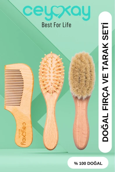 cey kay Ceykay Doğal Keçi Kılı Masaj Fırçası , Bambu Uçlu Fırça Ve Ahşap Tarağı (3 LÜ SET)