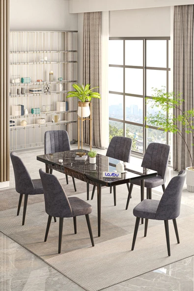 Lajibu Rex Serisi Siyah 80x130 Açılır Yemek Masası , Yemek Masa Takımı Metal Ayaklı 6 Gri Sandalye