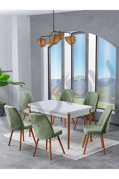 Lajibu Lajgo Serisi , 80x130 Açılabilir Beyaz Mutfak Masası 6 Haki Sandalye Nubuk Kumaş