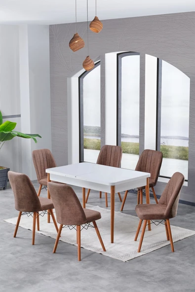 Lajibu Esila Serisi 80x130 Açılabilir Beyaz Mutfak Masası, Mutfak Masa Takımı, 6 Kahverengi Sandalye