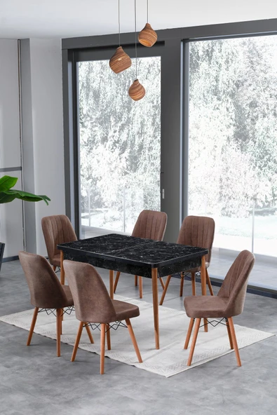 Lajibu Esila Serisi 80x130 Açılabilir Siyah Mutfak Masası, Mutfak Masa Takımı, 6 Kahverengi Sandalye