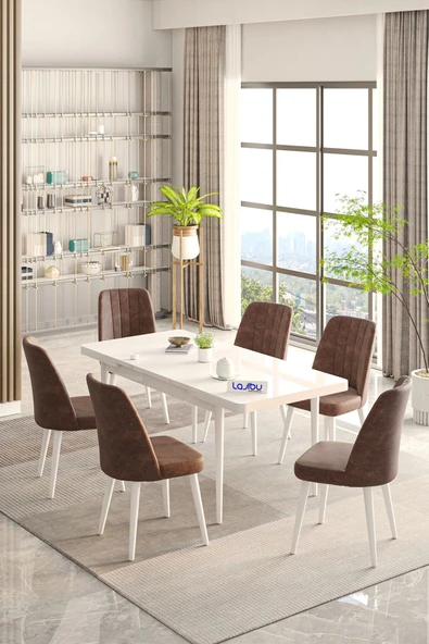 Lajibu Rex Serisi Beyaz 80x130 Açılır Yemek Masası , Yemek Masa Takımı  Metal Ayaklı 6 Kahve Sandalye