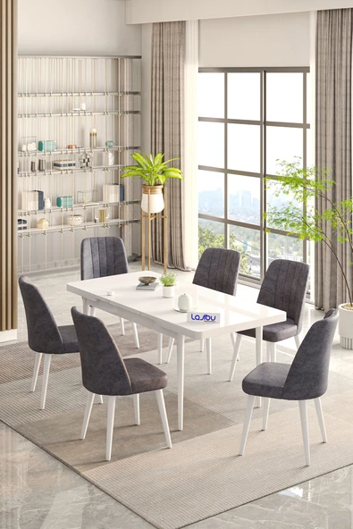 Lajibu Rex Serisi Beyaz 80x130 Açılır Yemek Masası , Yemek Masa Takımı  Metal Ayaklı 6 Gri Sandalye