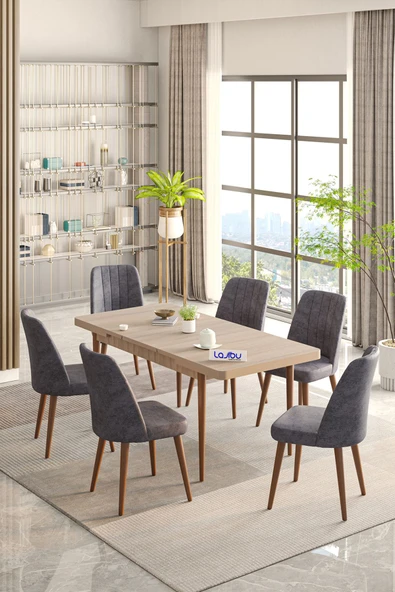 Lajibu Rex Serisi Sonomo 80x130 Açılır Yemek Masası , Yemek Masa Takımı Metal Ayaklı 6 Cappucino Sandalye