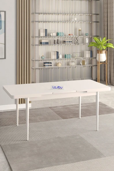 Lajibu Rex Serisi Beyaz 80x130 Açılır Yemek Masası , Yemek Masa Takımı  Metal Ayaklı 6 Siyah Sandalye - 3