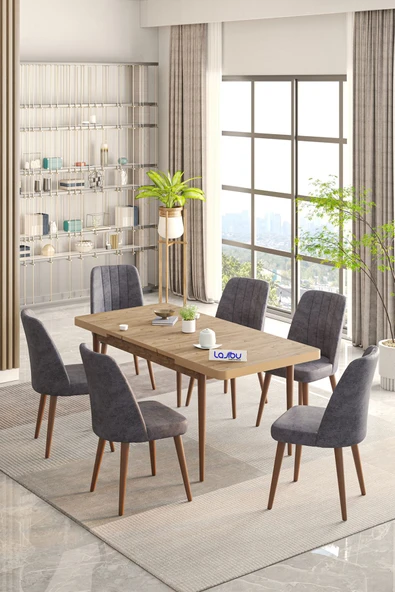 Lajibu Rex Serisi Çam 80x130 Açılır Yemek Masası , Yemek Masa Takımı  Metal Ayaklı 6 Cappucino Sandalye