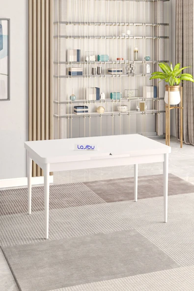 Lajibu Rex Serisi Beyaz 80x130 Açılır Yemek Masası , Yemek Masa Takımı  Metal Ayaklı 6 Krem Sandalye - 4