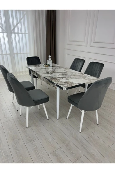 Lajibu %100 Mdf Açılabilir Masa Sandalye Takımı 6 Kişilik Yemek Masası Takımı - 2