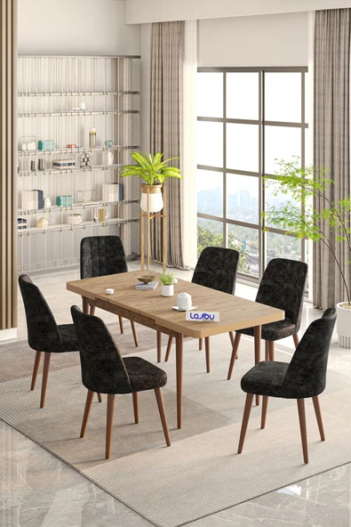 Lajibu Rex Serisi Çam 80x130 Açılır Yemek Masası , Yemek Masa Takımı  Metal Ayaklı 6 Cappucino Sandalye