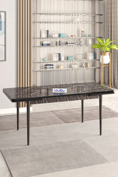 Lajibu Rex Serisi Siyah 80x130 Açılır Yemek Masası , Yemek Masa Takımı Metal Ayaklı 6 Cappucino Sandalye - 3