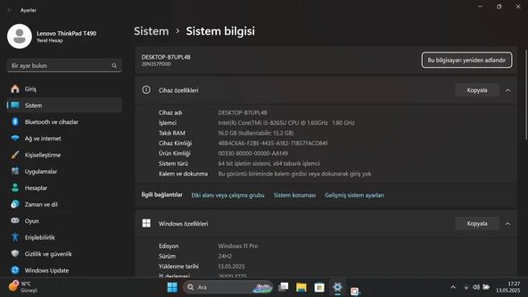 Lenovo Thinkpad T490 İntel İ5-8265 İşlemci 16 Gb Ram 256 M2 SSD W11/Pro - 3