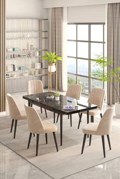 Lajibu Rex Serisi Siyah 80x130 Açılır Yemek Masası , Yemek Masa Takımı Metal Ayaklı 6 Cappucino Sandalye