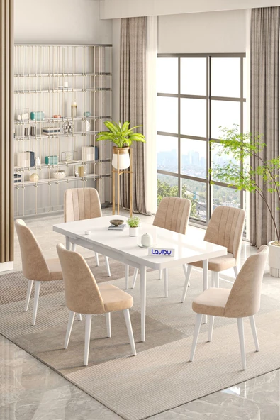 Lajibu Rex Serisi Beyaz 80x130 Açılır Yemek Masası , Yemek Masa Takımı  Metal Ayaklı 6 Cappucino Sandalye