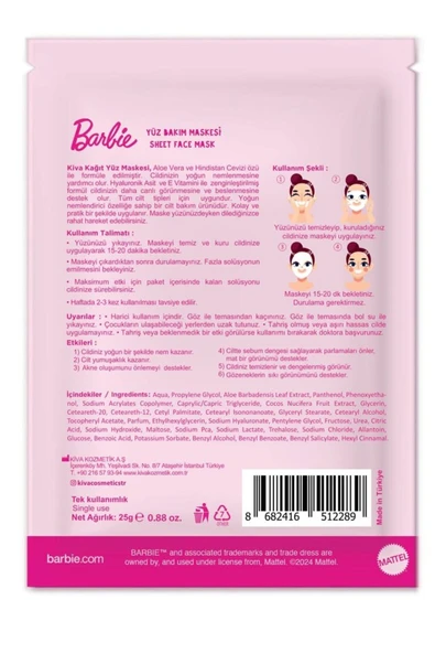 Barbie Lisanslı Kağıt Yüz Maskesi Aloe Vera ve Hindistan Cevizi Özlü - 2