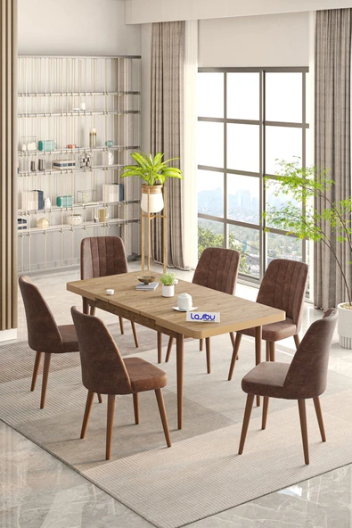 Lajibu Rex Serisi Çam 80x130 Açılır Yemek Masası , Yemek Masa Takımı  Metal Ayaklı 6 Cappucino Sandalye