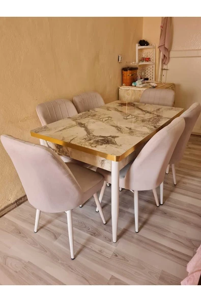 Lajibu %100 Mdf Açılabilir Masa Sandalye Takımı 6 Kişilik Yemek Masası Takımı Masa Sandalye