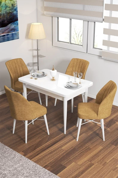Lajibu Vov Beyaz 70x110 Mdf Sabit Mutfak Masası Takımı Yemek Masası Takımı 4 Adet Sandalye