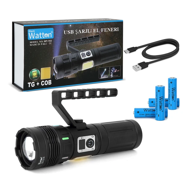 15.000 LÜMEN TG+COB LED ŞARJLI EL FENERİ WATTON WT-703 ürün görseli 1