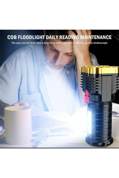 Ultra Parlak El Feneri Usb Şarj 4 Led+yan Cob Led Taktik Günlük Hayat Kamp Avcılık El Feneri - 8