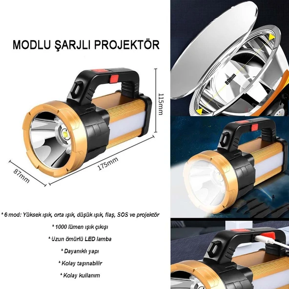 6 Mod Şarjlı EL Feneri Projektör Tipi Watton Wt-615