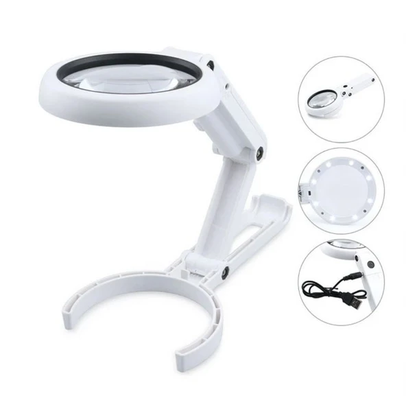 Usb Şarj Edilebilir Katlanabilir 3.5 - 10X Büyüteç 8 Ledli Masa Ve Eliçin Büyüteç FS90RC